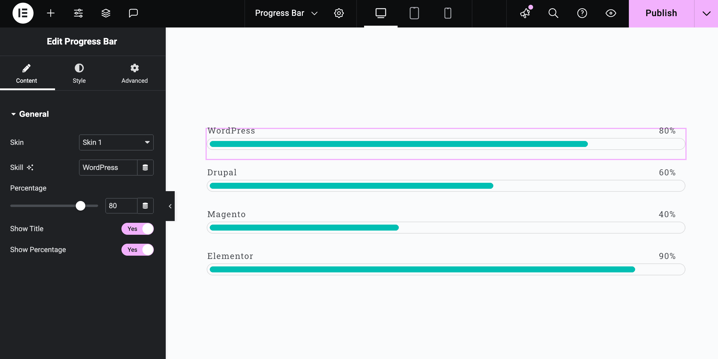 Elementor Progress Bar General Settings