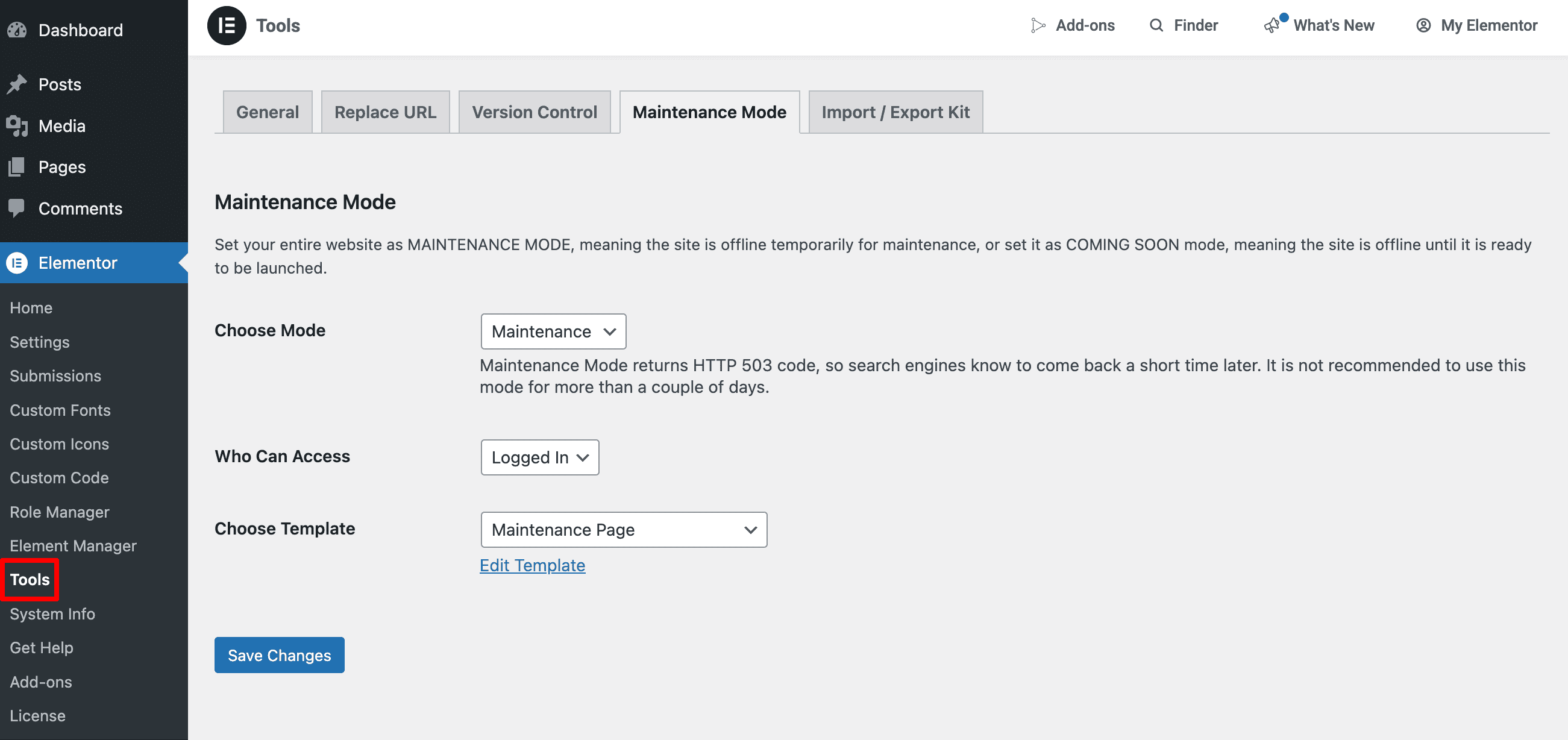 Enable Maintenance Mode in Elementor
