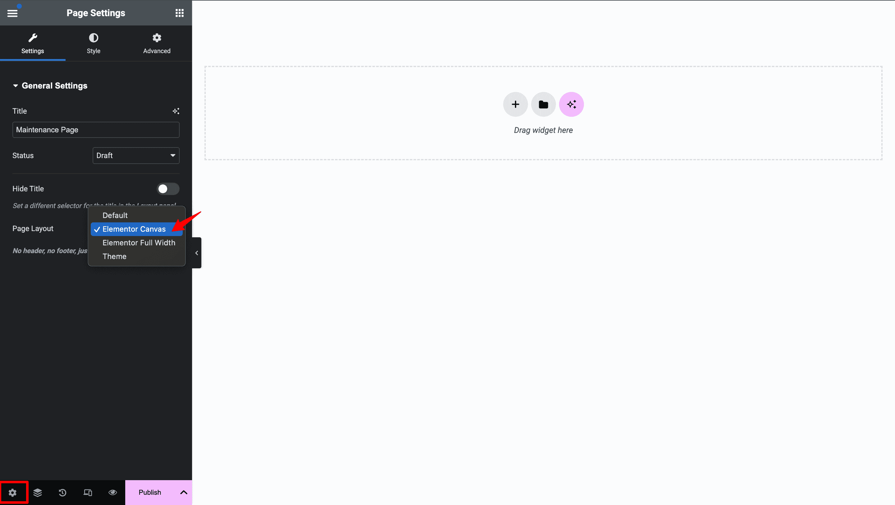 Select Elementor Canvas as Page Layout