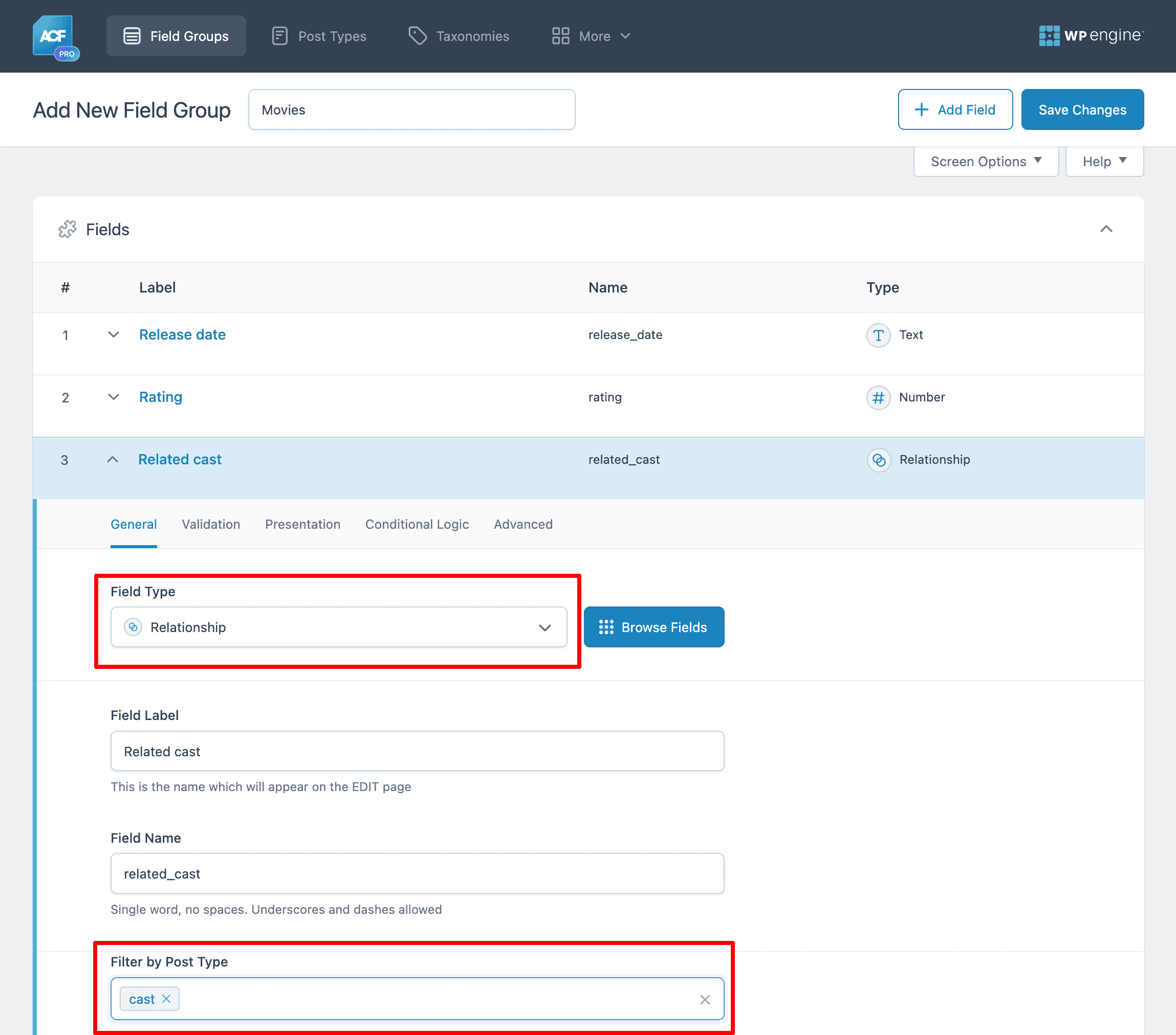Create Field Group in ACF and add Relationship Field