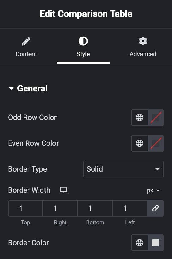 Comparison Table: General Style Settings