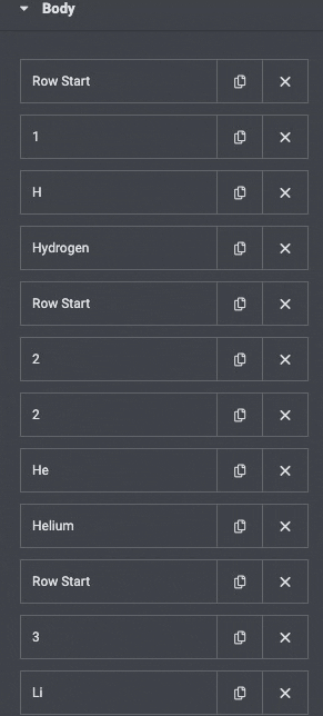 Data Table: Body Settings