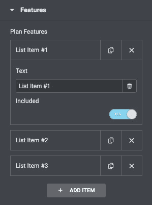 Price Table: Features Settings