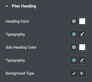 Price Table: Plan Heading Style Settings