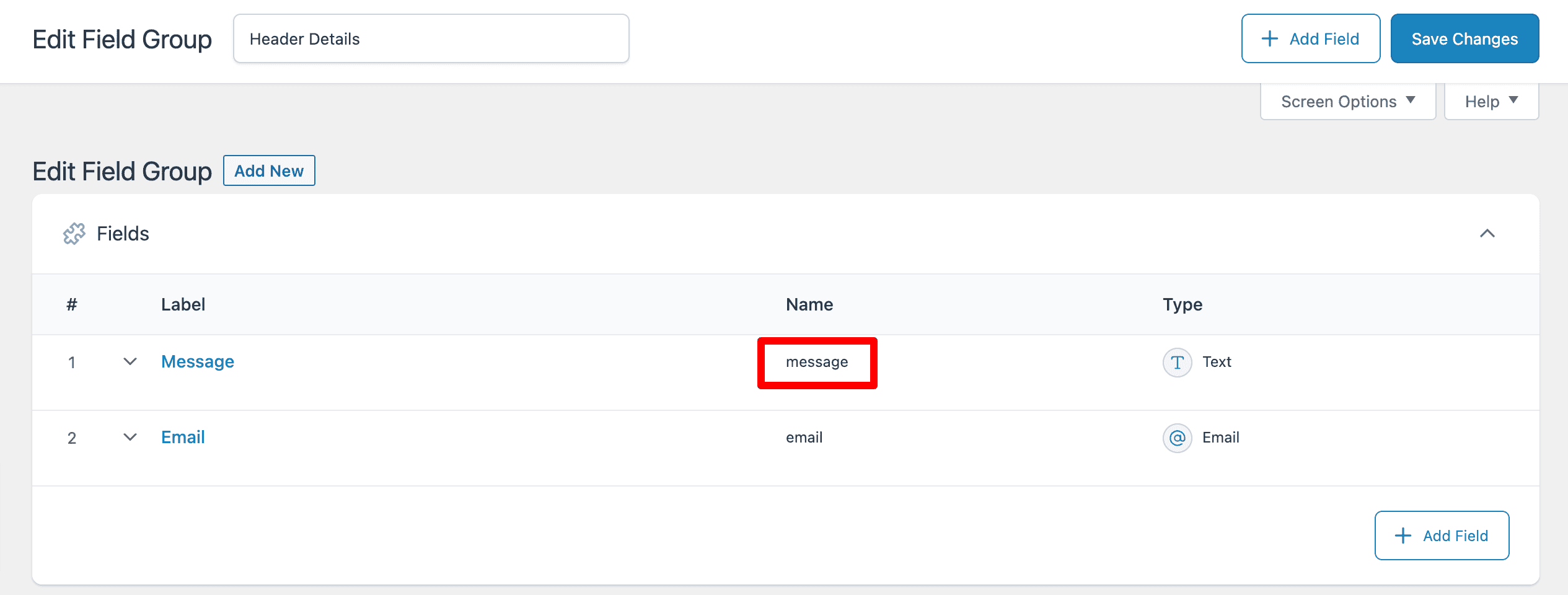 ACF Options Page: Subfields Name