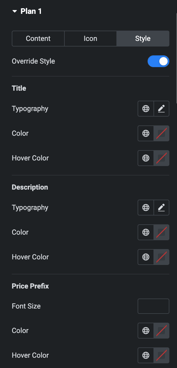 Advanced Price Table: Individual Item Style Settings