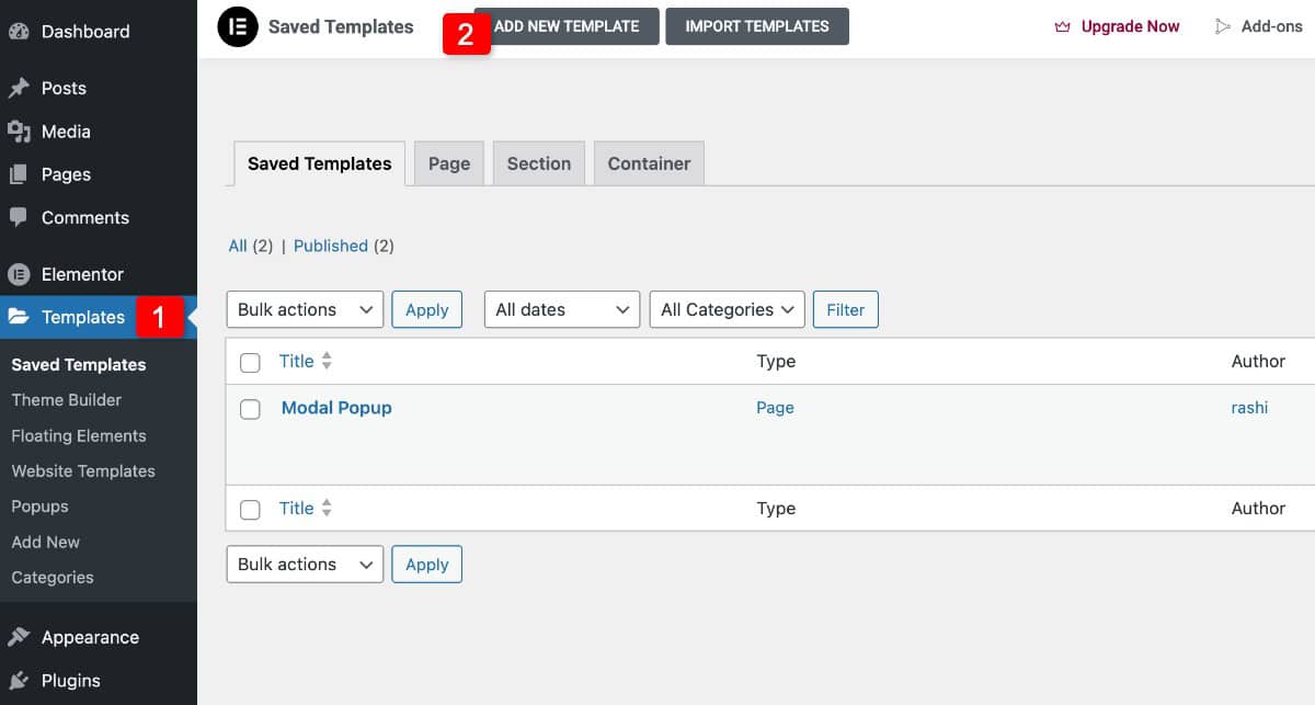 Elementor: Add New Template Settings