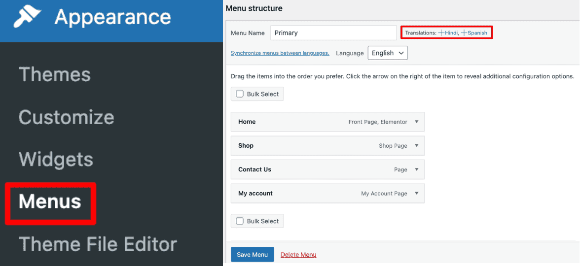 WordPress: Add Multilingual Menu Settings