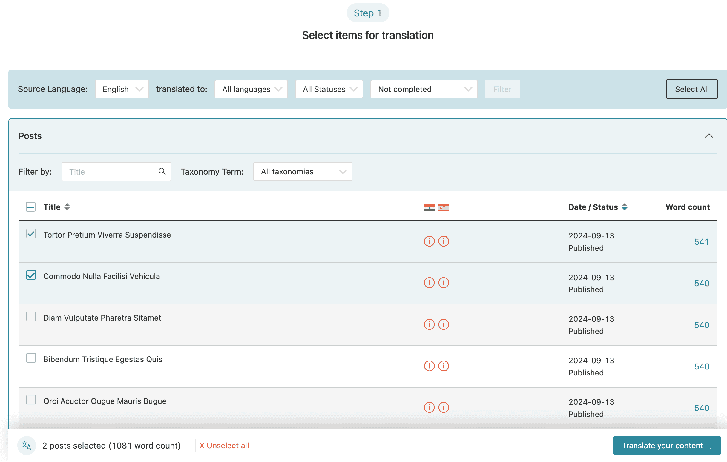 WPML Translation Dashboard: Select Post to Translate