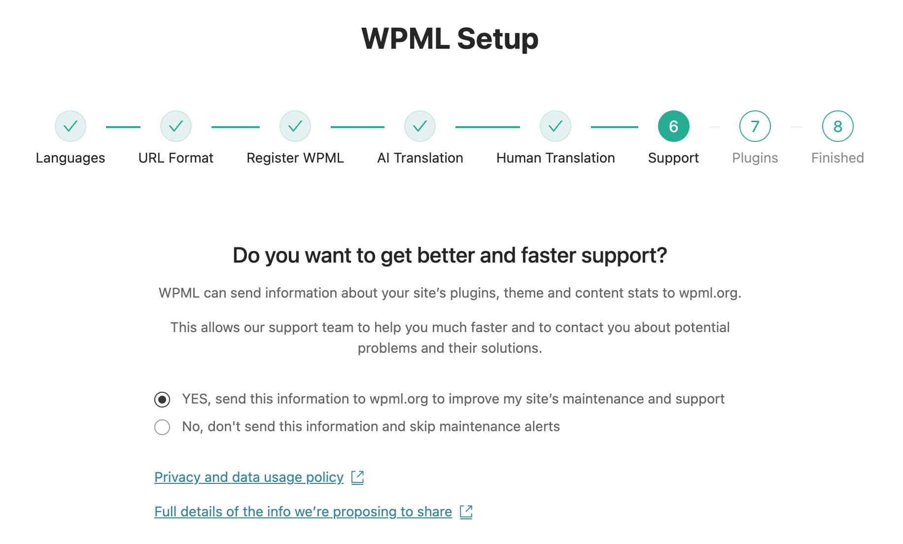 WPML Setup: Support Settings