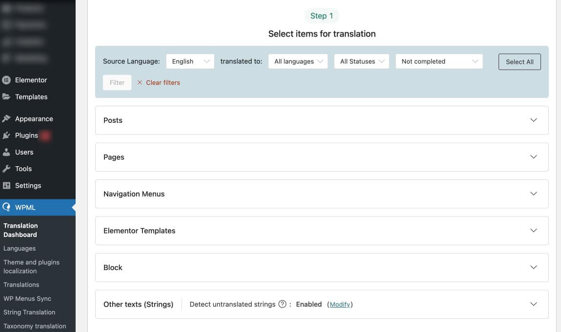 WPML Translation Dashboard Settings to Choose Translation