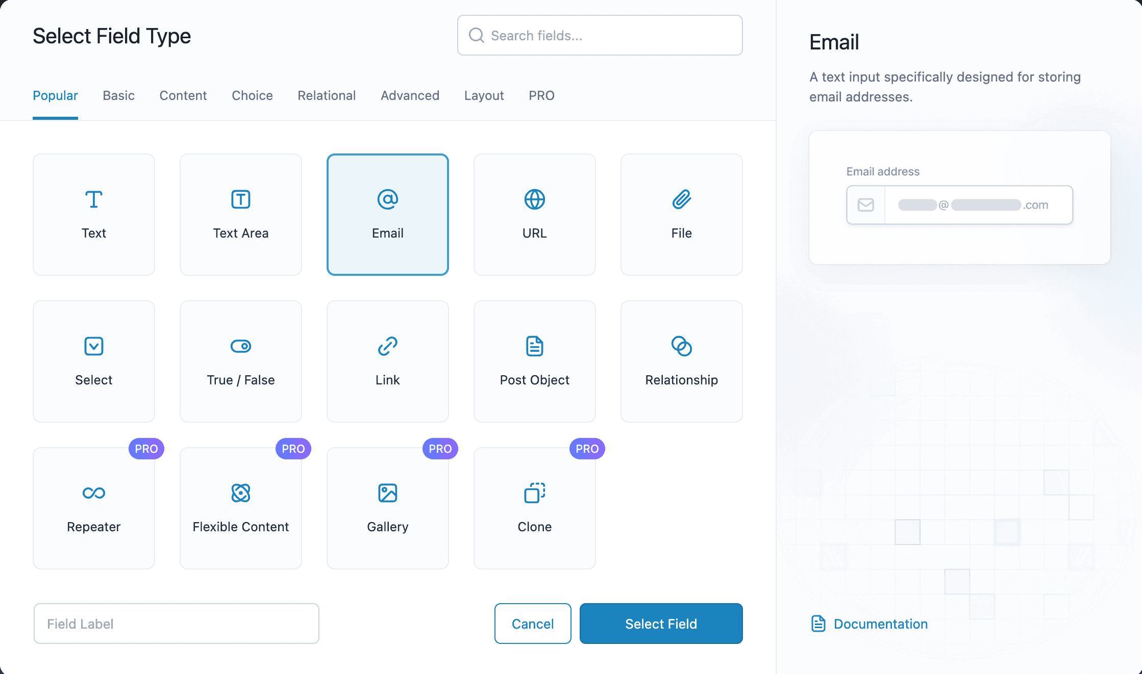 Advanced Custom Fields: Browse Fields Settings