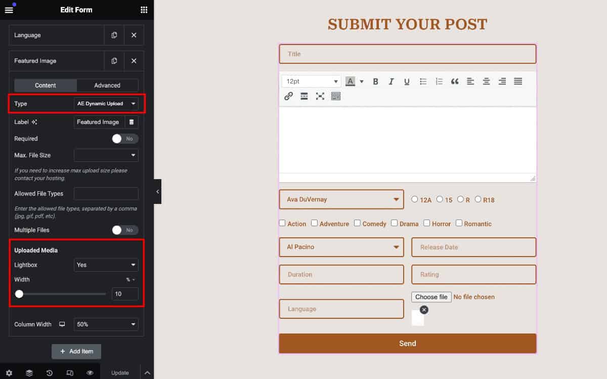 Elementor Form: Use AE Dynamic Upload Option