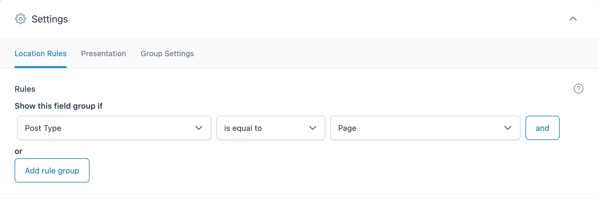 Location rules controlling where the Repeater field group appears in WordPress