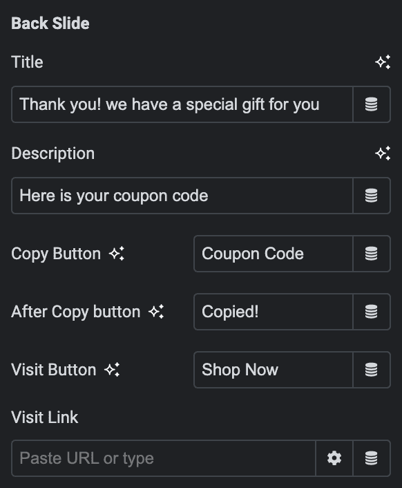 Coupon Code: Back Slide Settings