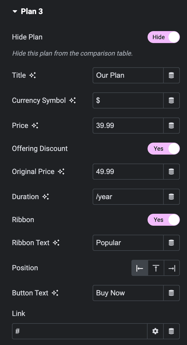 Comparison Table: Plan Settings