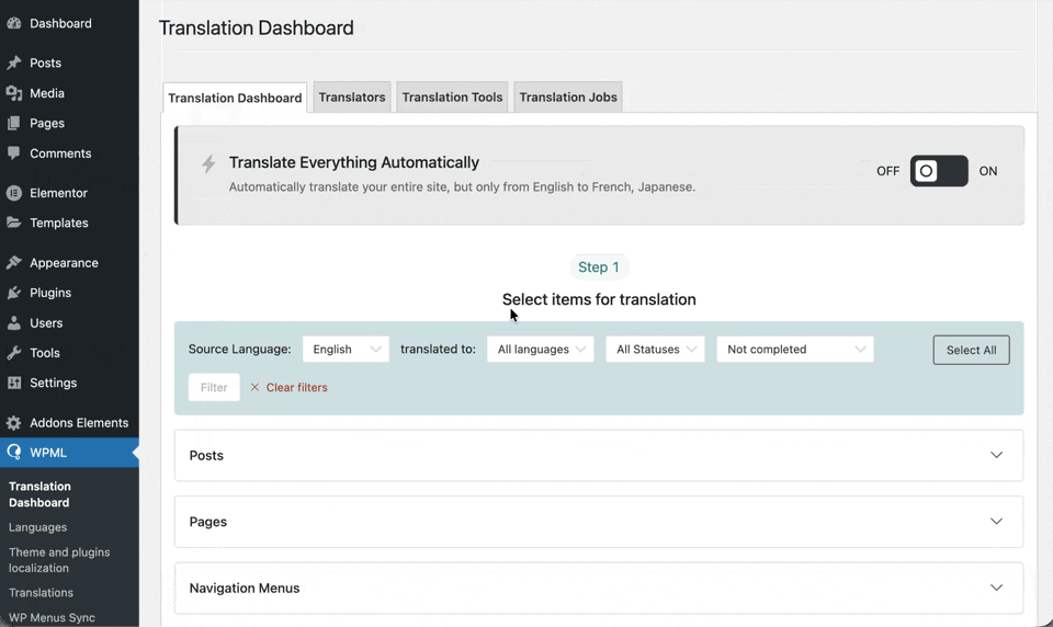 WPML Translation Management: Select Page to Translate