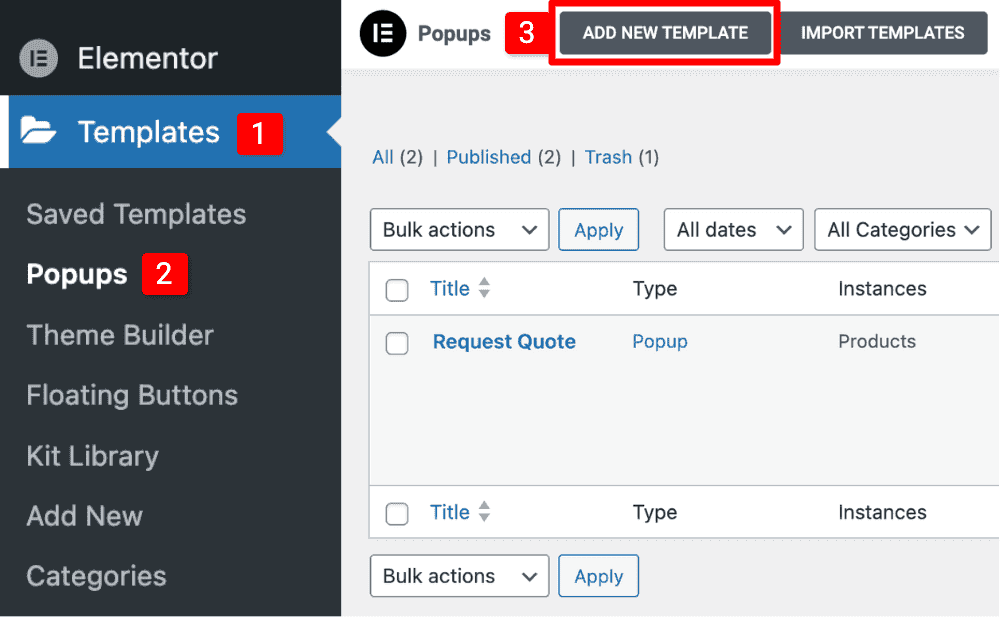 Add New Elementor Popup Template