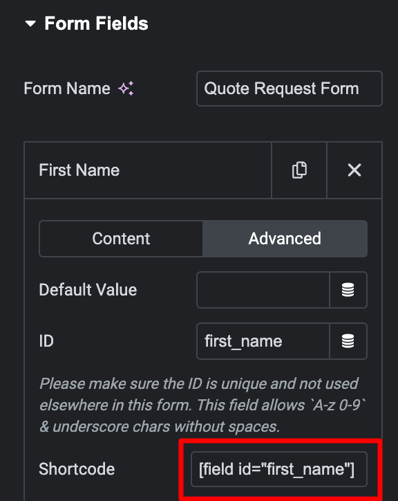 Find Elementor Form Field Shortcode