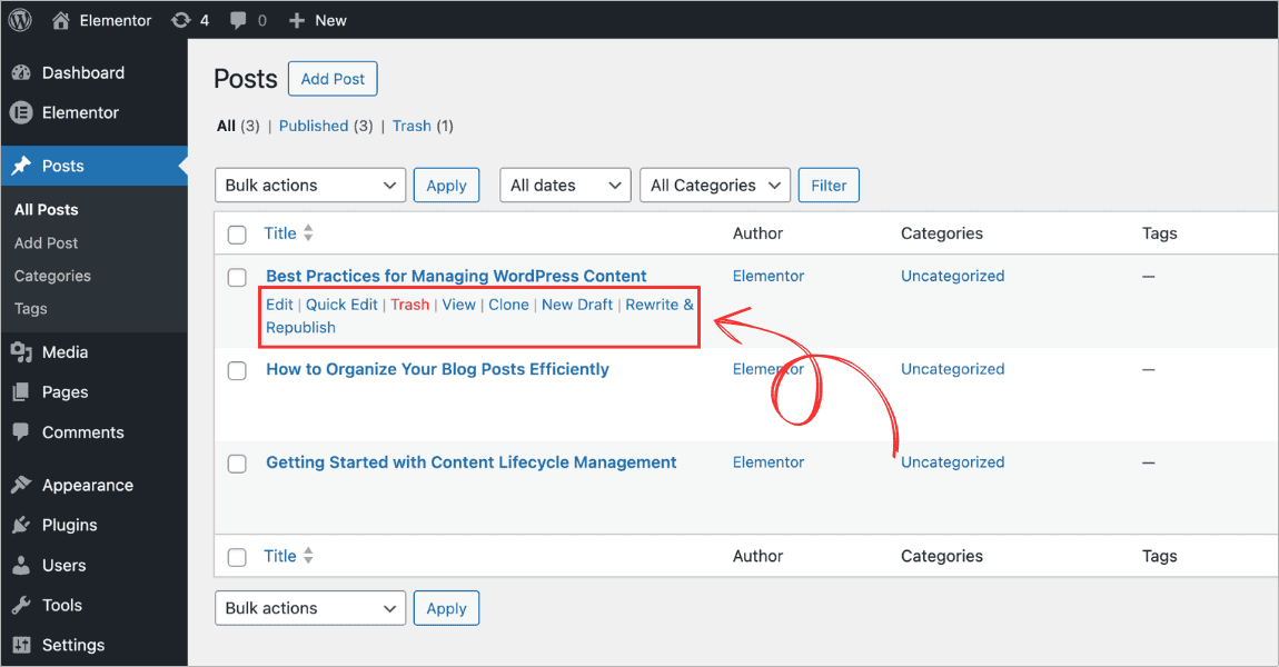 WordPress post list showing Clone, New Draft, and Rewrite and Republish links on hover