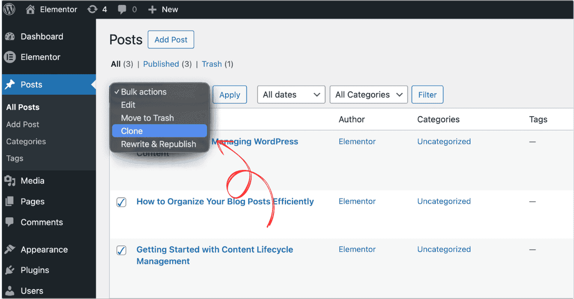 WordPress post list with multiple posts selected and Bulk Actions dropdown showing Clone option