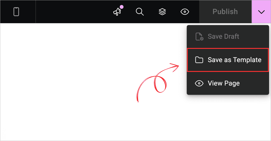 Elementor editor top bar with the Save as Template option visible in the dropdown