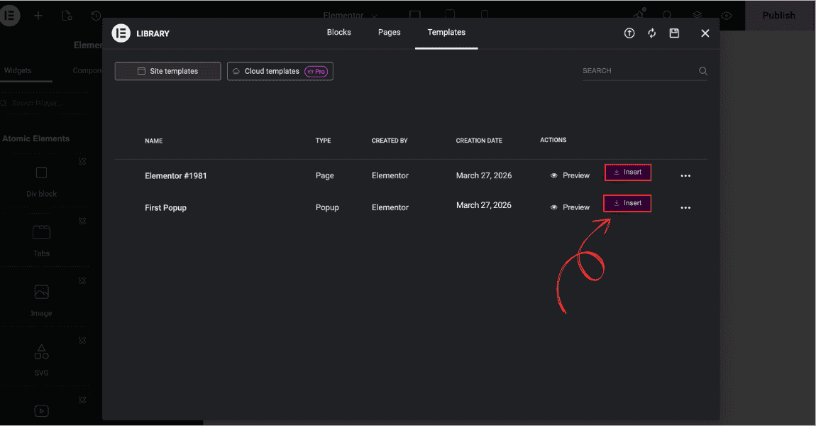 Elementor template library with My Templates tab active and Insert button visible