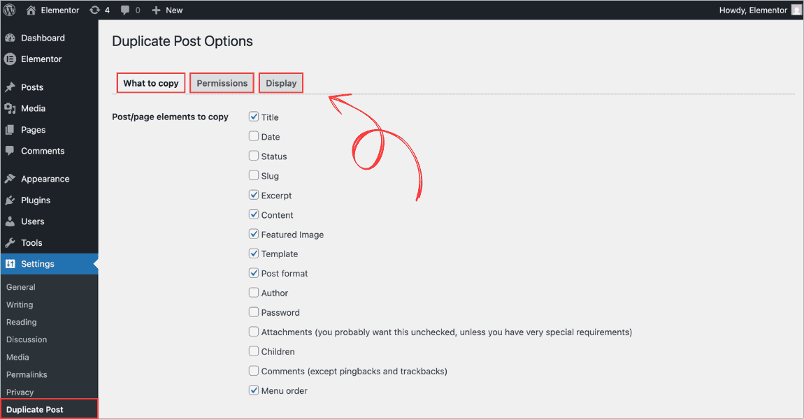 Settings > Duplicate Post showing the three tabs: What to Copy, Permissions, and Display