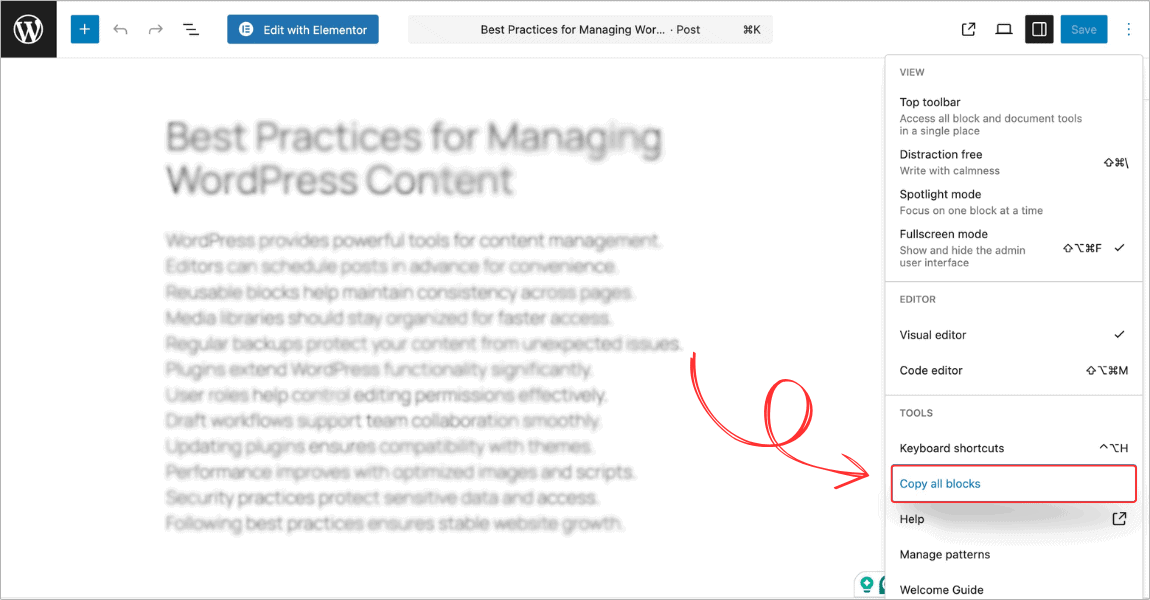 Gutenberg editor with the Options menu open showing 'Copy all content' highlighted
