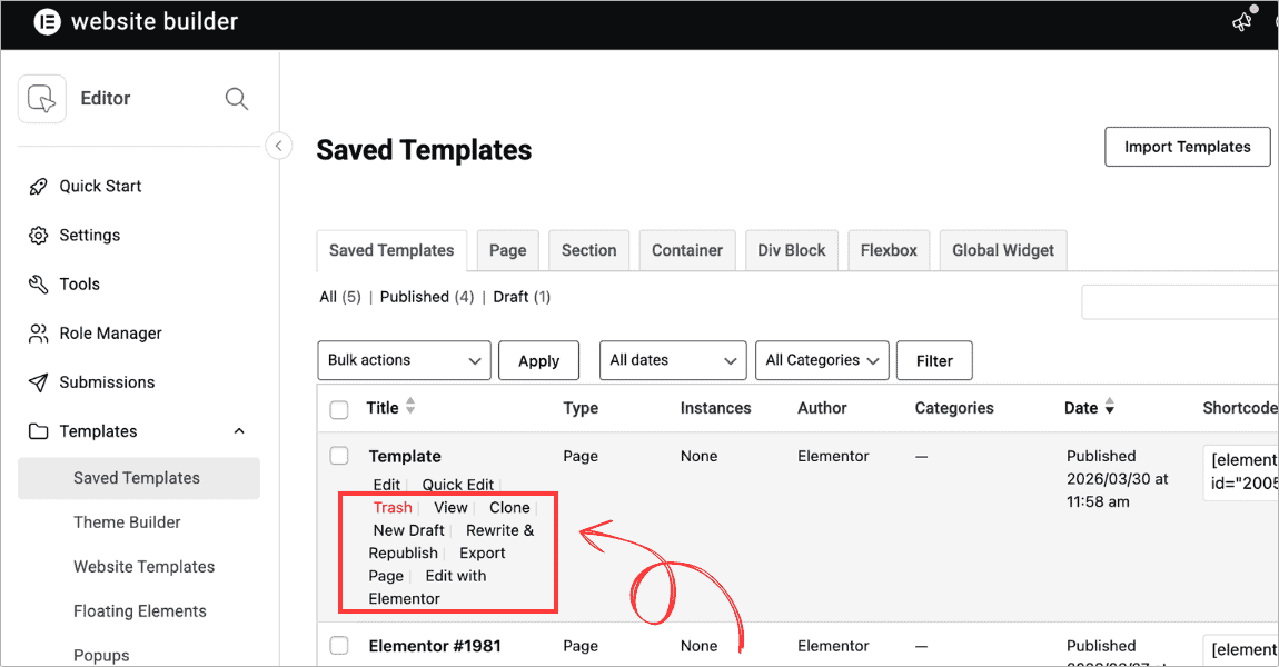 Elementor Saved Templates list showing Clone, New Draft, and Rewrite and Republish on hover