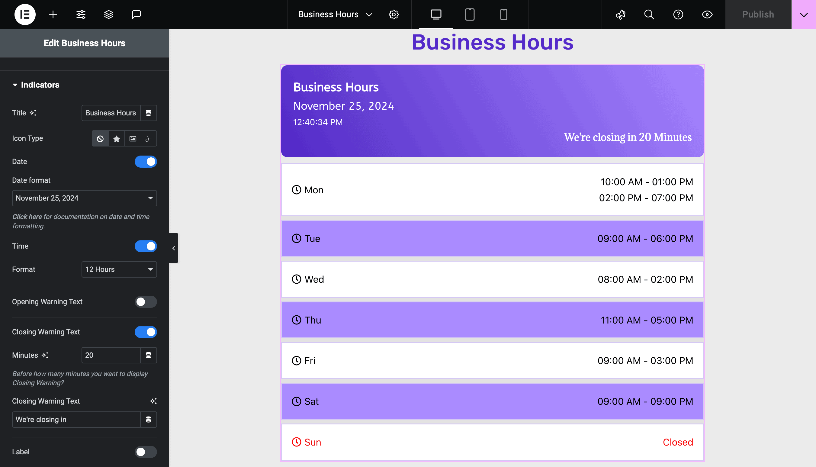 Business Hours: Display Closed Warning Text