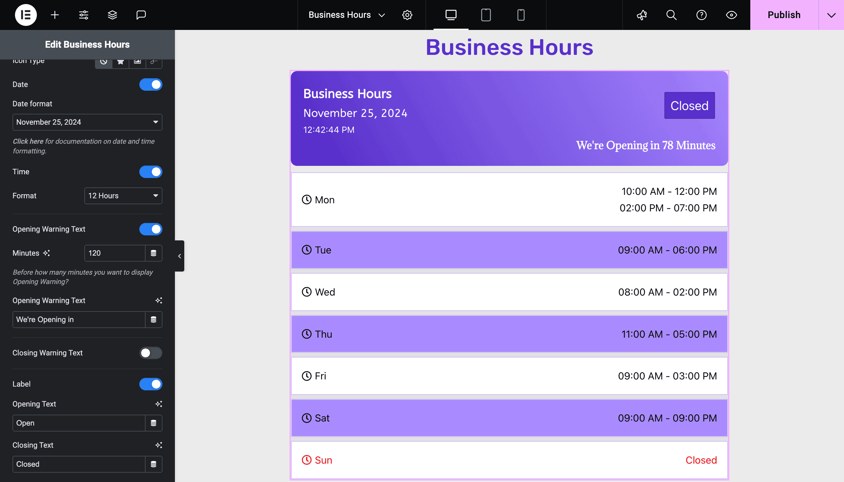 Business Hours: Display Business Status(Closed)