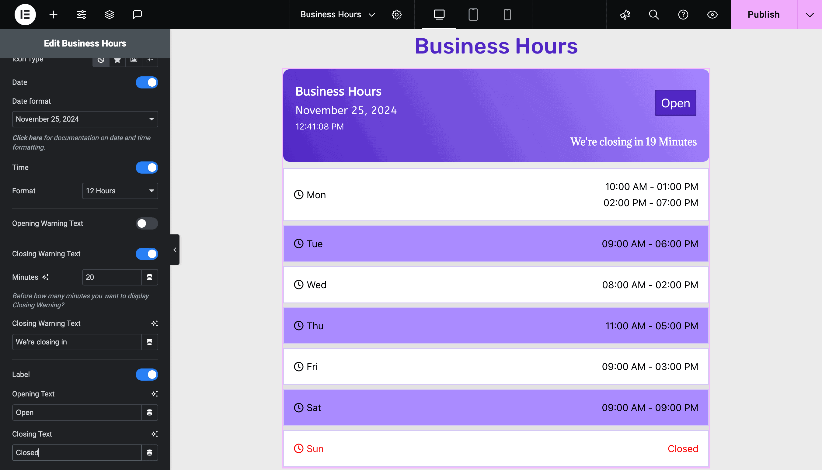 Business Hours: Display Business Status