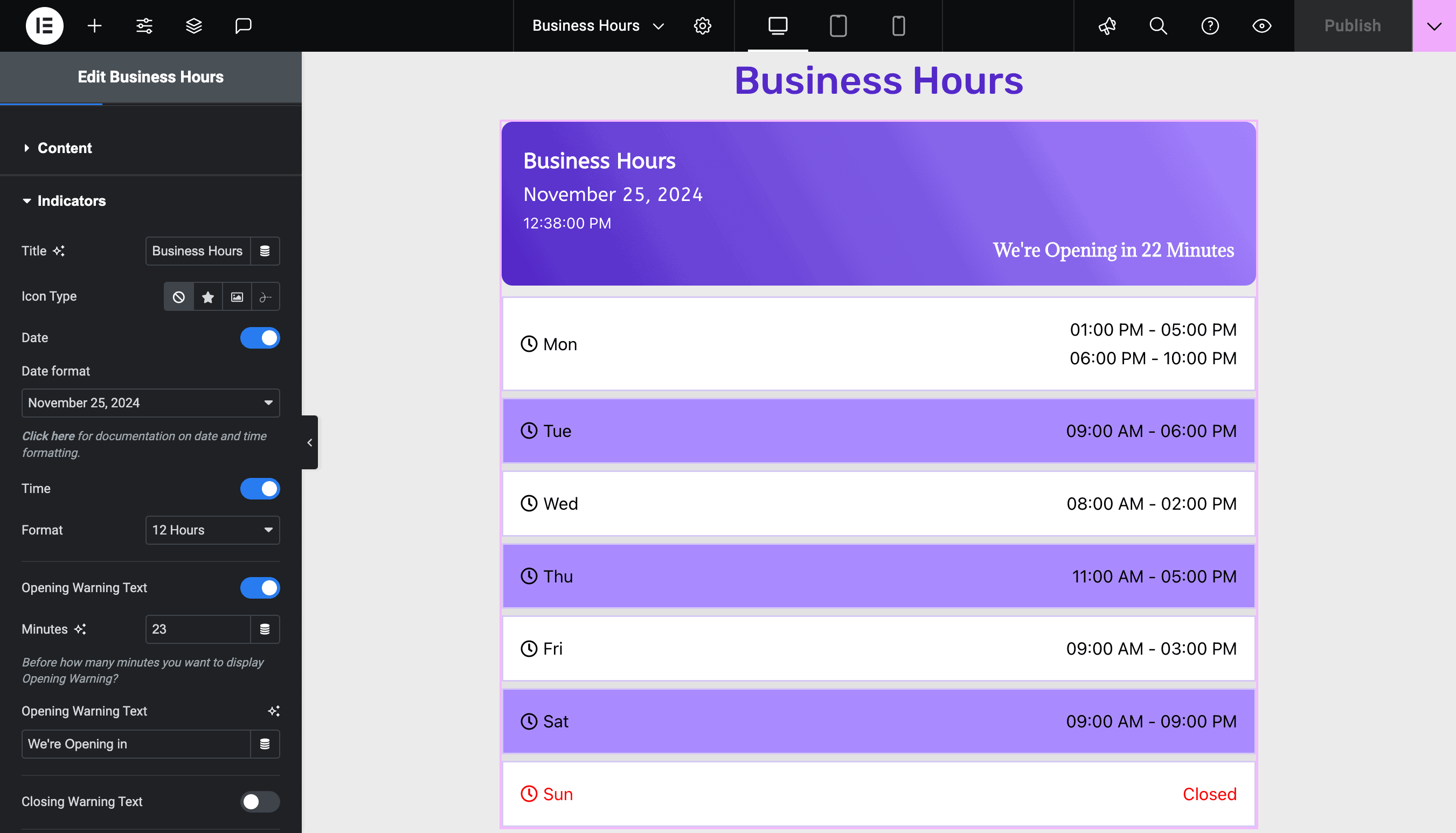 Business Hours: Display Open Warning Text