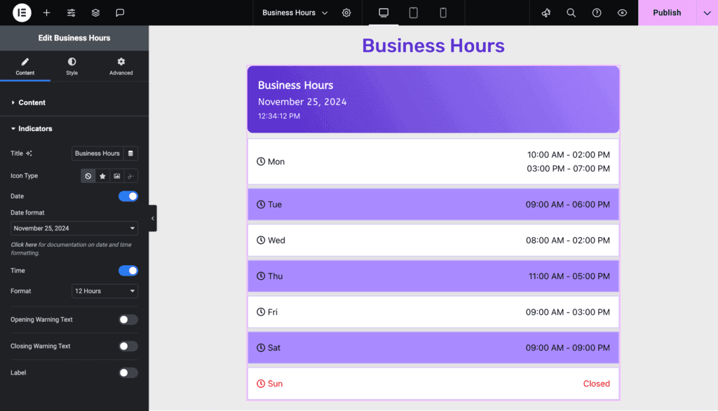 Business Hours: Business Indicator Settings