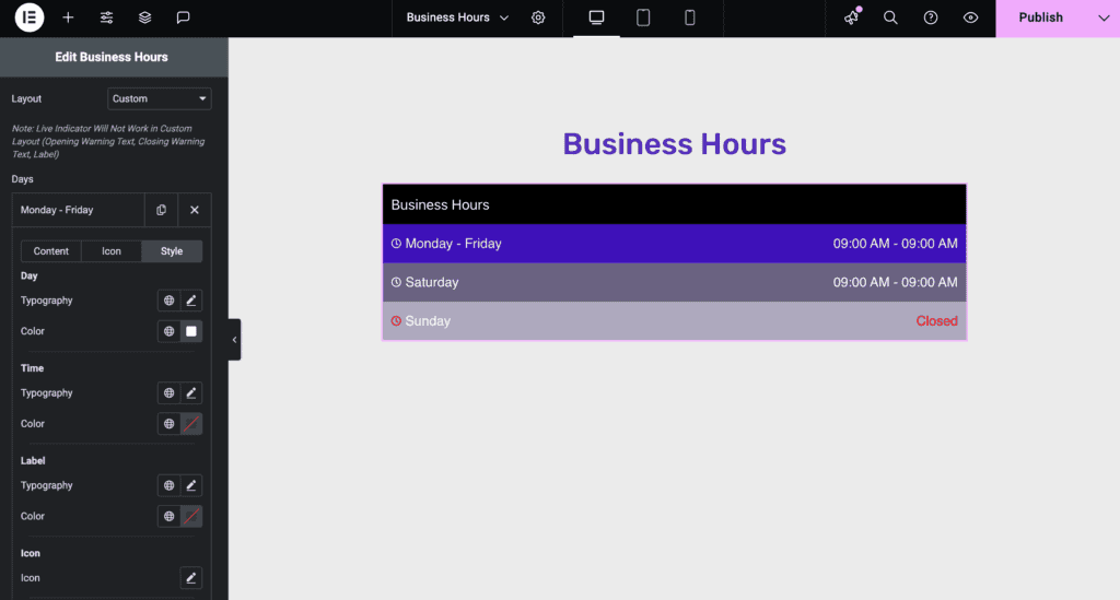 Business Hours: Choose Custom Layout