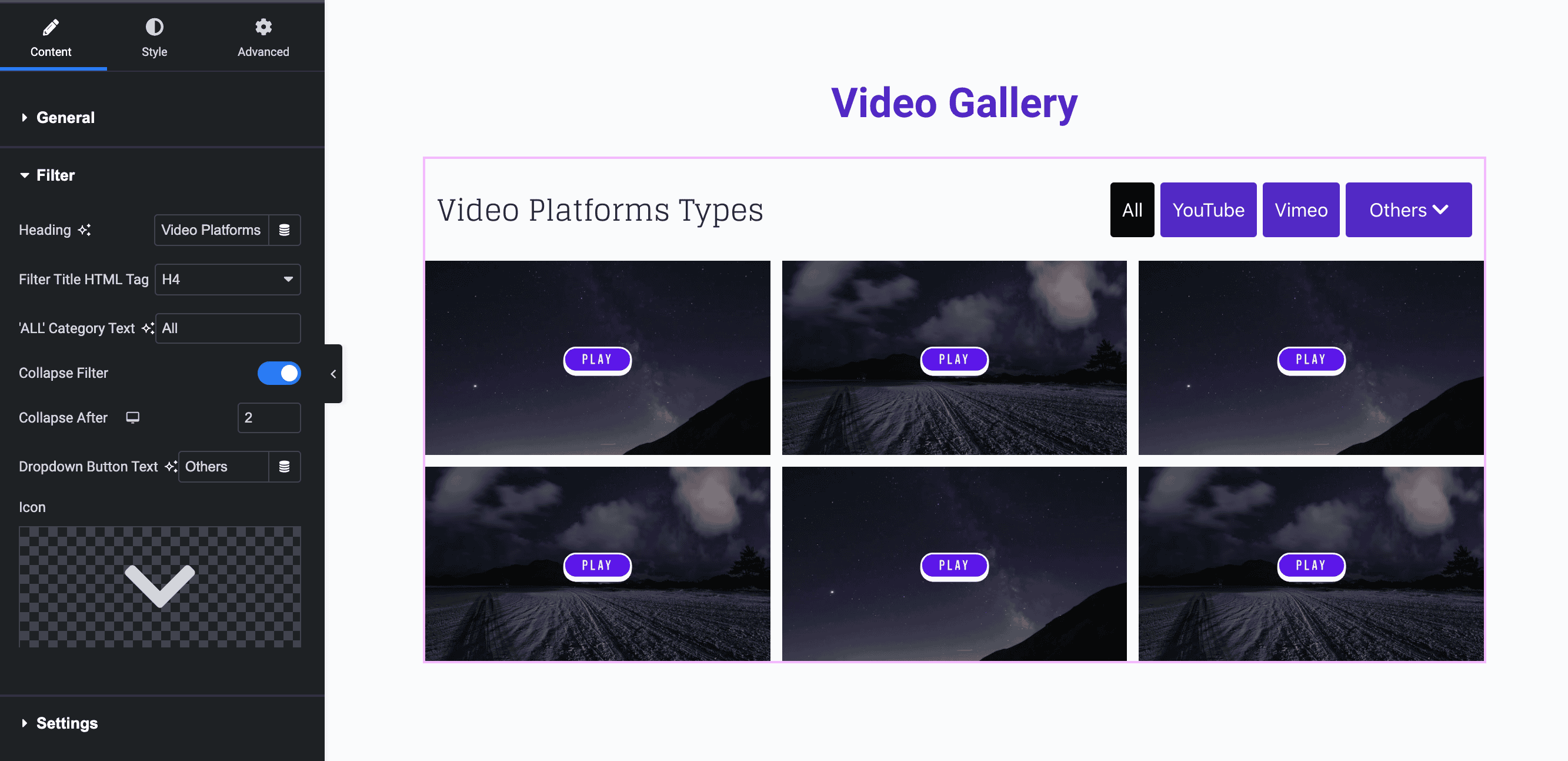 Video Gallery: Filter Settings