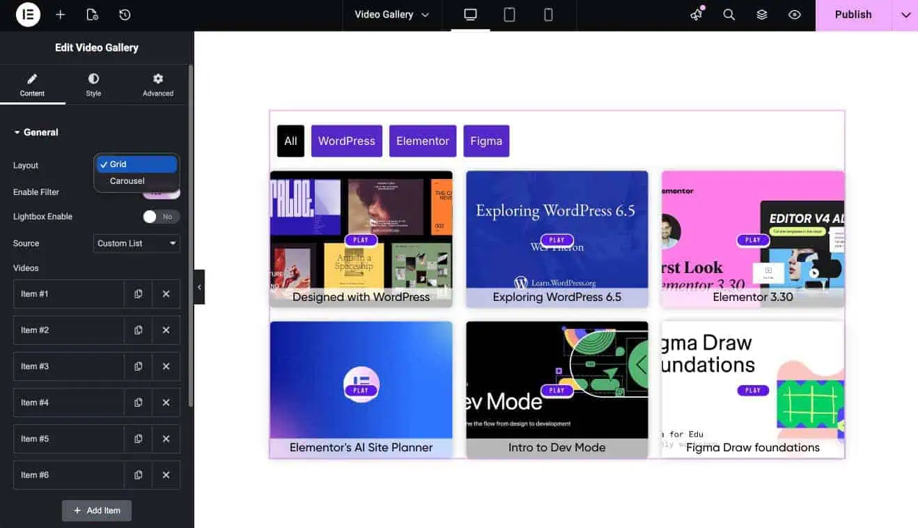 Addon Elements Video Gallery widget in Elementor editor
showing a Grid layout with category filter tabs