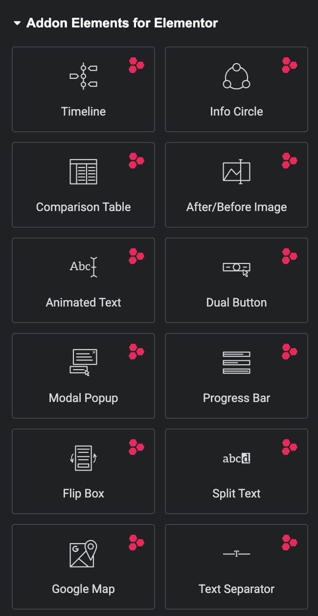 Addon Elements for Elementor widgets panel inside the Elementor
editor