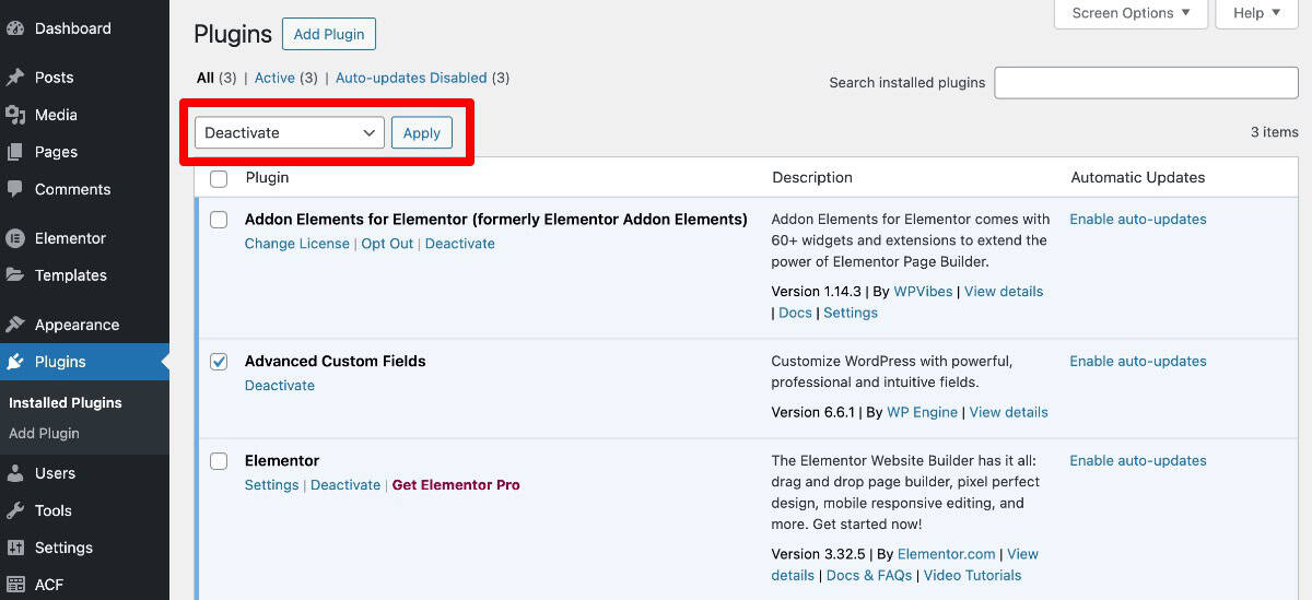 Deactivate WordPress Plugins