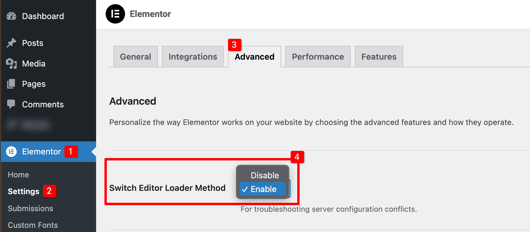 Enable Switch Loader Method in Elementor