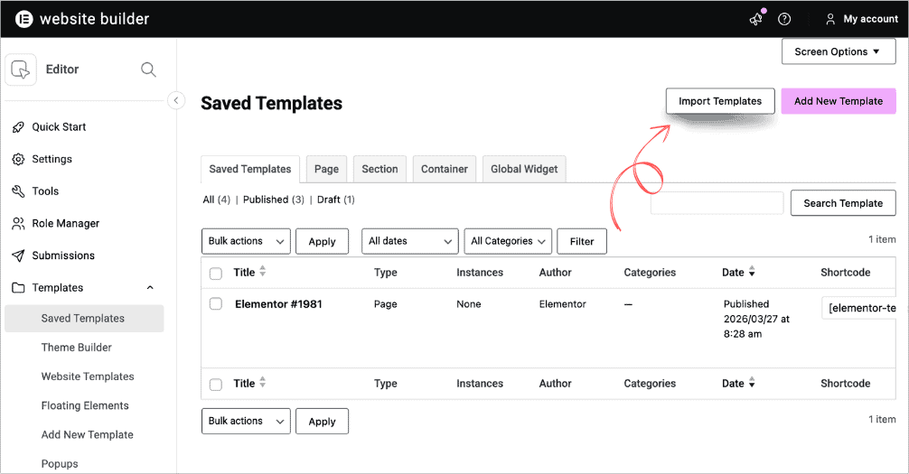 The Import Templates button at the top of the Elementor Templates dashboard