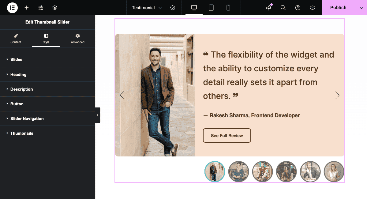 Style Your Testimonials Thumbnail Slider in Elementor