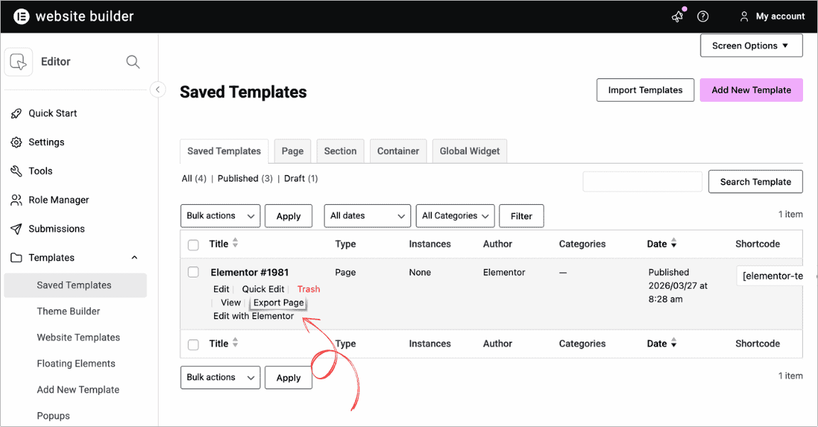 The Elementor Templates list with the Export Template option visible on hover