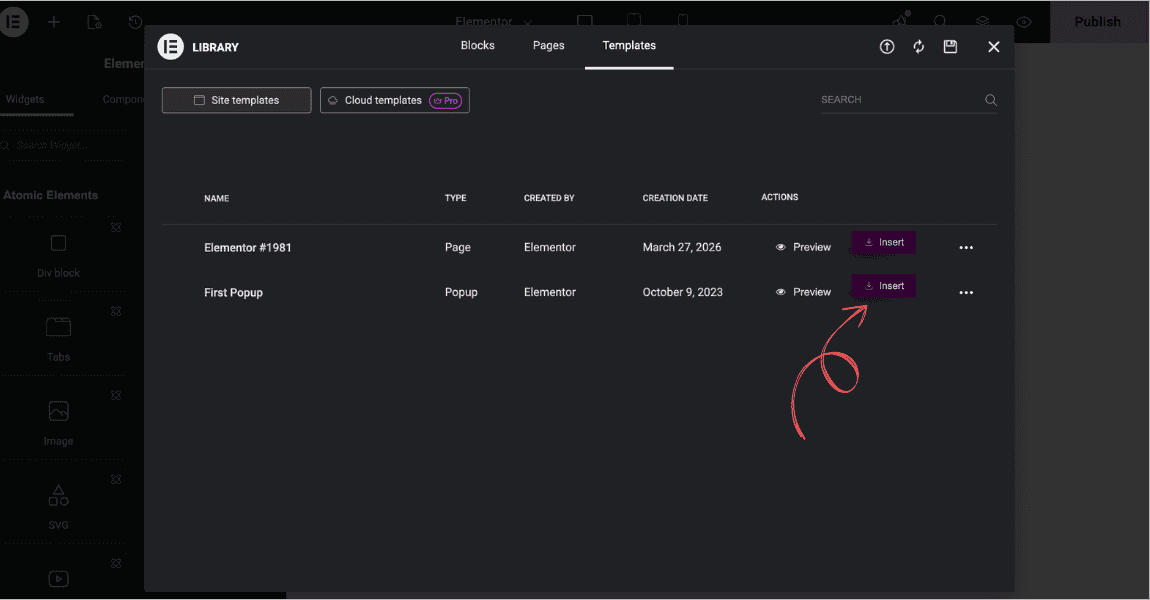 The Elementor editor with the Folder icon open, My Templates tab active, and Insert button visible
