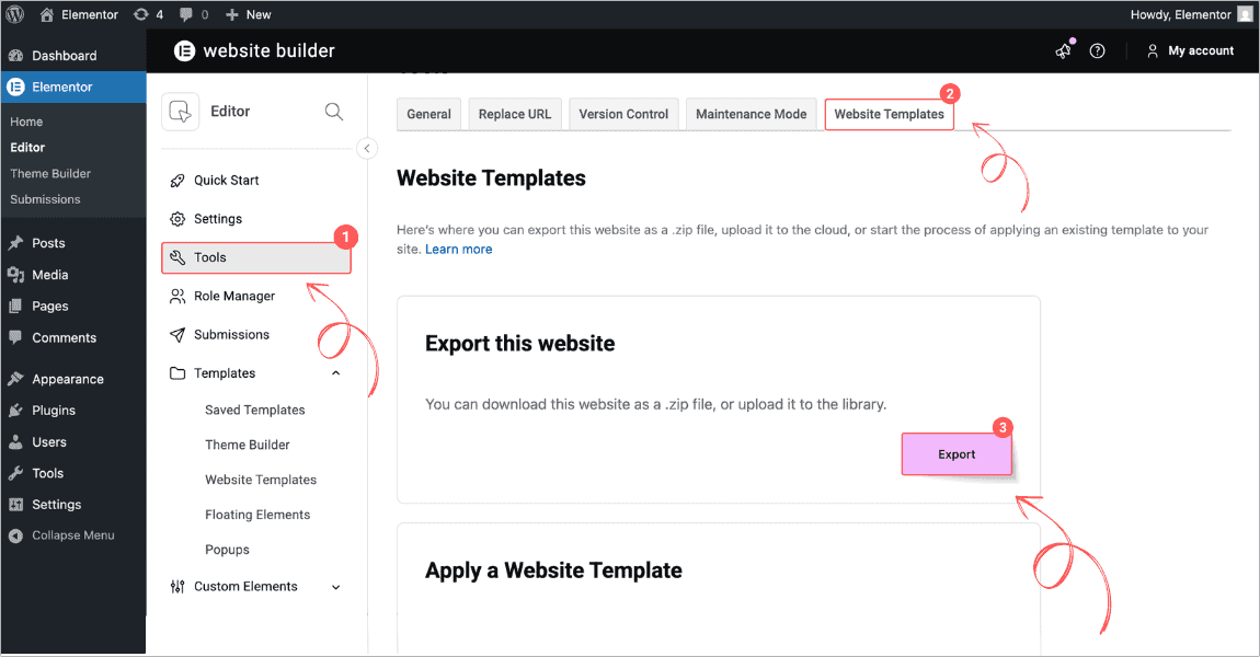 Elementor Editor Home with Tools panel open, Website Templates tab selected, and Export button visible