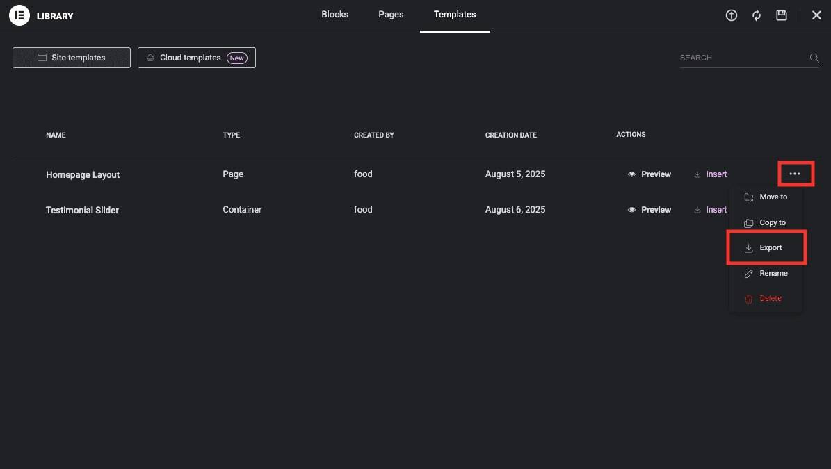 Export and Manage Templates in Elementor