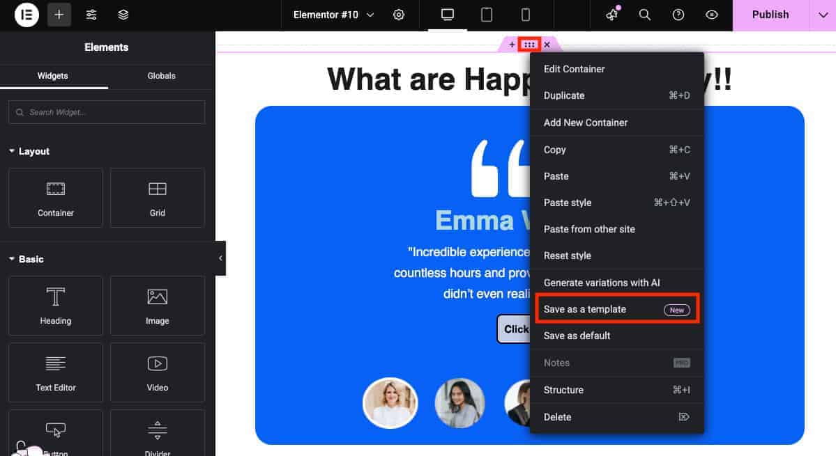 Manage templates in Elementor by saving a container