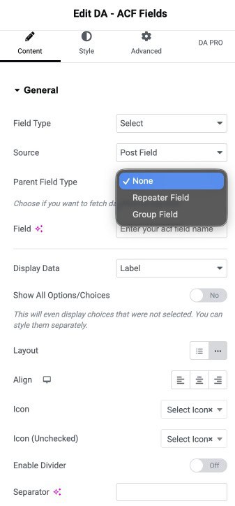 DA ACF Select Field Integration
