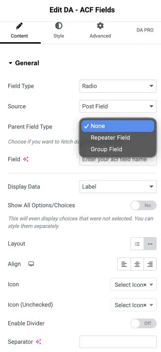 DA ACF Radio Button Integration